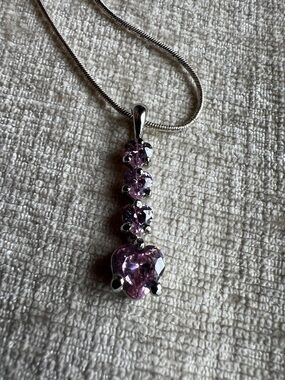 Silver Necklace with Pink Heart Gemstone Charm Pendant - Women Jewelry